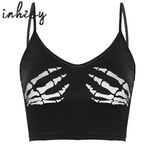 Women Sexy Punk Crop Top Camis Skeleton Skull Hand Print Y2K Harajuku Tights Vest Cropped Tees E Girls Clothes Rave Clubwear