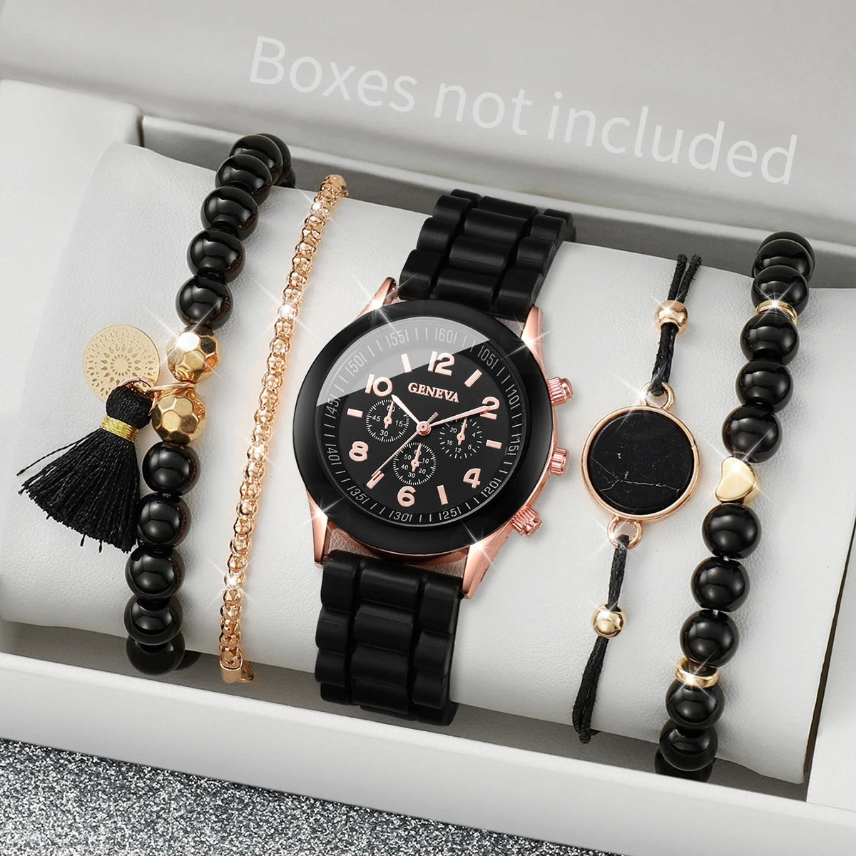 5PCS/Set Geneva Watch Fashion Women's Silicone Band Quartz Watch Turquoise Beaded Bracelet Set(Without Box)