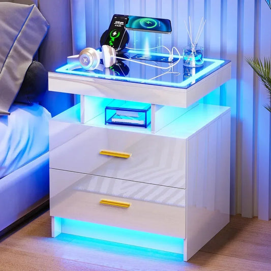 LED Nightstands with 2 Storage Drawers, Smart Night Stand with Auto Sensor Lights, Modern Bed Side Table W/Charging Station