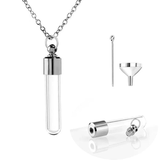 Stainless Steel Glass Cremation Cylinder Tube Urn Pendant Memorial Necklace Ashes Holder Keepsake Cremation Jewelry