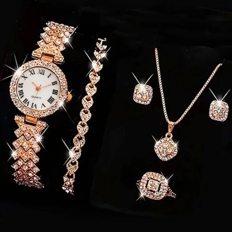 6PCS Set Women Watch Clock Roman Dial Luxury Brand Design Casual Ladies Quartz Wrist Watch Bracelet Set Women Montre Femme Reloj