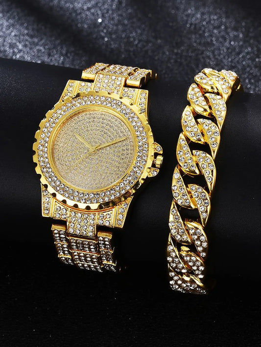 2PCS Luxury Women Gold Watch Fashion Ladies Quartz Diamond Wristwatch Elegant Female Bracelet Watches Set Reloj Mujer