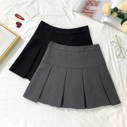 2024 Summer New Women Slim Solid Color Pleated Short Skirt College Style Pure Want To High-waisted Skinny-proof A- line Clothing