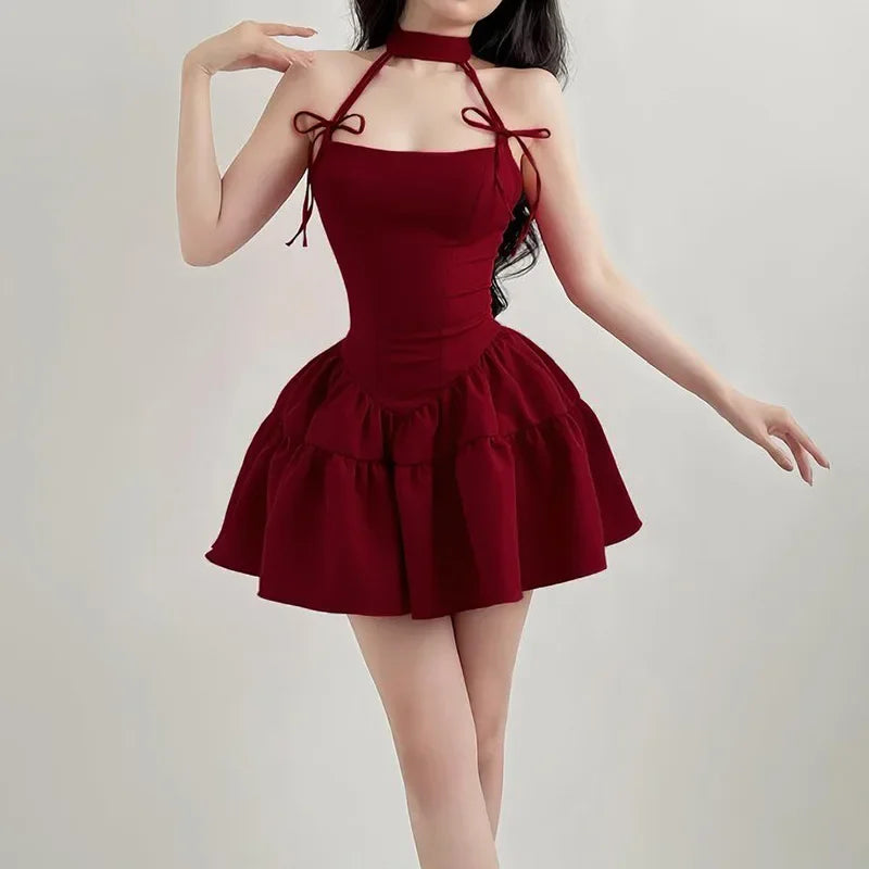 2024 French Vintage Red Bow Tie Halter Neck Dress, Waist Slimming A-Line Puff Strap Mini Dress for Women