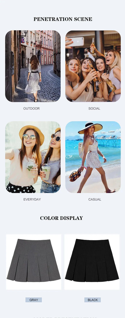 2024 Summer New Women Slim Solid Color Pleated Short Skirt College Style Pure Want To High-waisted Skinny-proof A- line Clothing