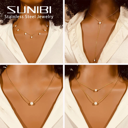 SUNIBI 316L Stainless Steel Choker Necklace for Women Imitated Pearl Dainty Pendant Necklaces Girl Gift Jewelry Accessories