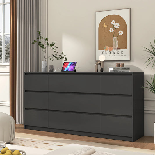 9 Drawer Dresser for Bedroom with Charging Station, 63" Modern Large Wood Chest of Drawers Handle Free, Black/White