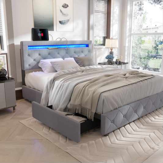 Full/ Queen LED Bed Frame with 4 Storage Drawers and 2 USB Ports, Modern Adjustable Upholstered Button Tufted Headboard