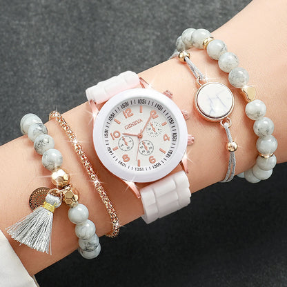 5PCS/Set Geneva Watch Fashion Women's Silicone Band Quartz Watch Turquoise Beaded Bracelet Set(Without Box)