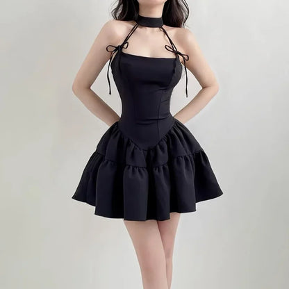 2024 French Vintage Red Bow Tie Halter Neck Dress, Waist Slimming A-Line Puff Strap Mini Dress for Women