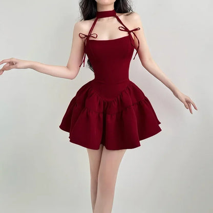 2024 French Vintage Red Bow Tie Halter Neck Dress, Waist Slimming A-Line Puff Strap Mini Dress for Women