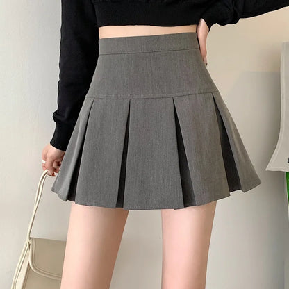 2024 Summer New Women Slim Solid Color Pleated Short Skirt College Style Pure Want To High-waisted Skinny-proof A- line Clothing